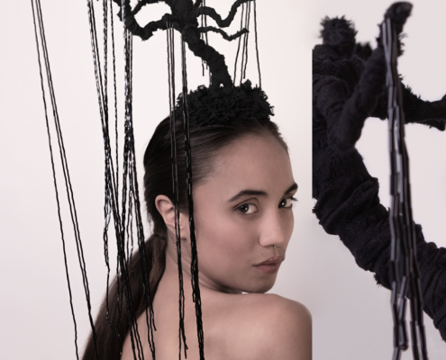 Black tree headpiece with black beads and black lace flowers by Haruco-vert - Fashion photo by Ruud van Ooij